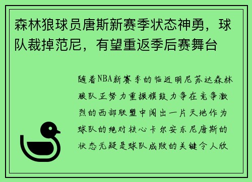 森林狼球员唐斯新赛季状态神勇，球队裁掉范尼，有望重返季后赛舞台