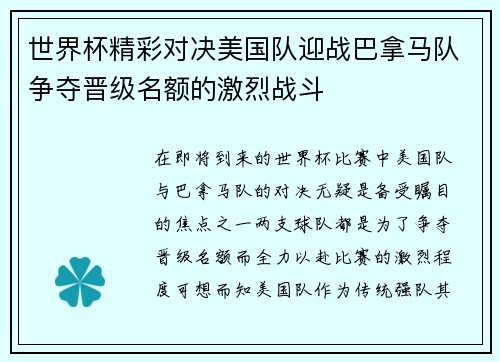 世界杯精彩对决美国队迎战巴拿马队争夺晋级名额的激烈战斗