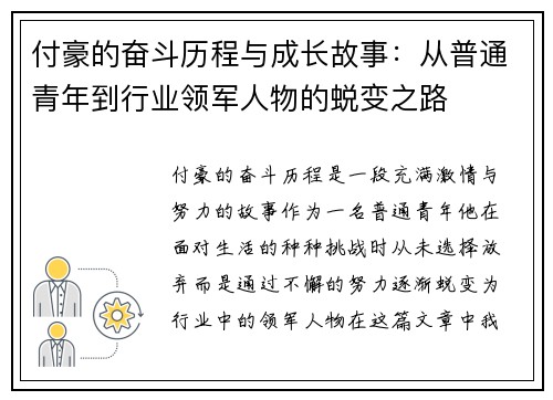 付豪的奋斗历程与成长故事：从普通青年到行业领军人物的蜕变之路
